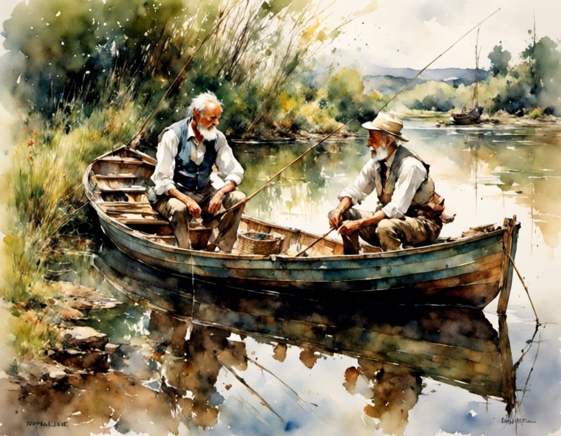 Old Man Fishing in Boat: Watercolor Illustration