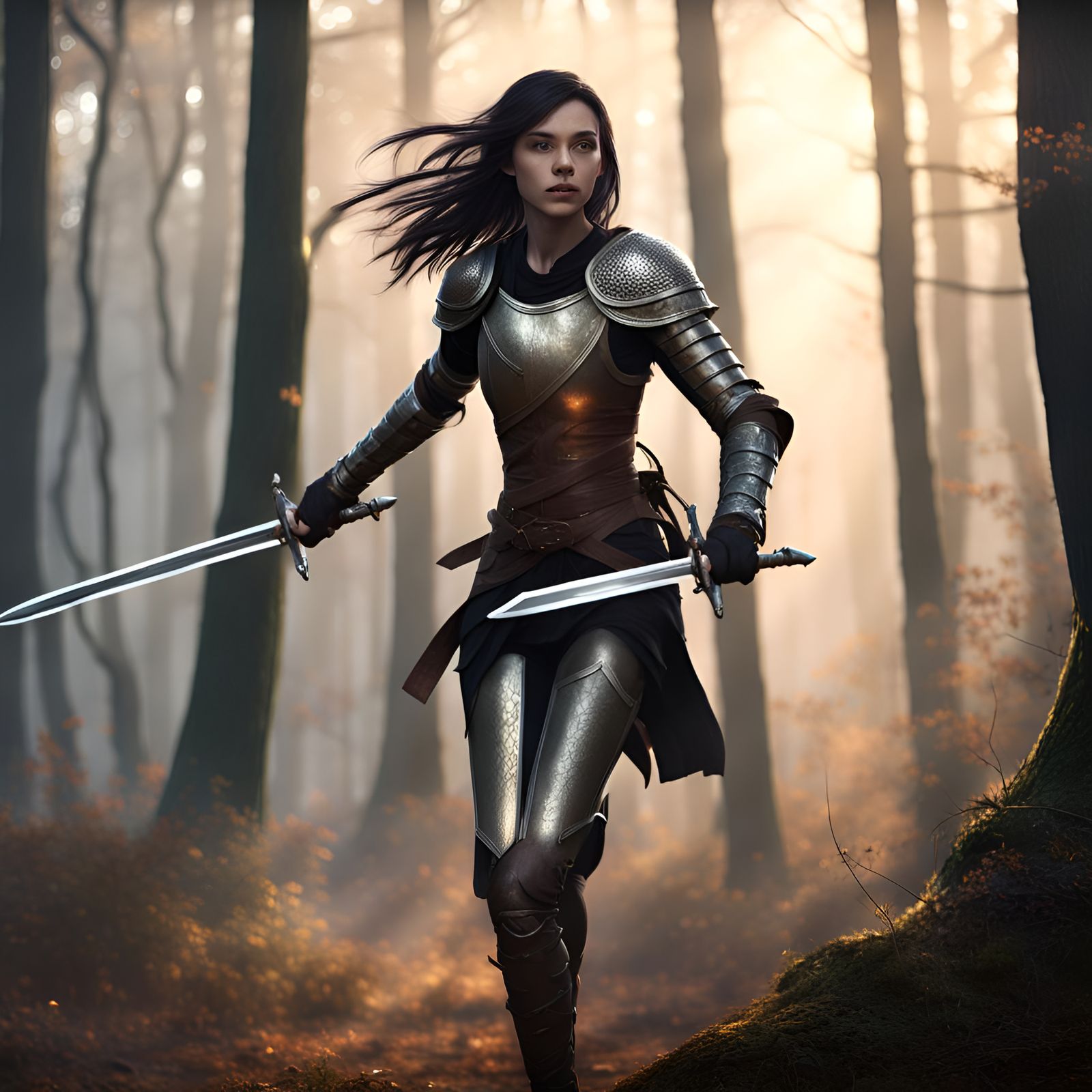 Teenage Girl Warrior in Misty Forest