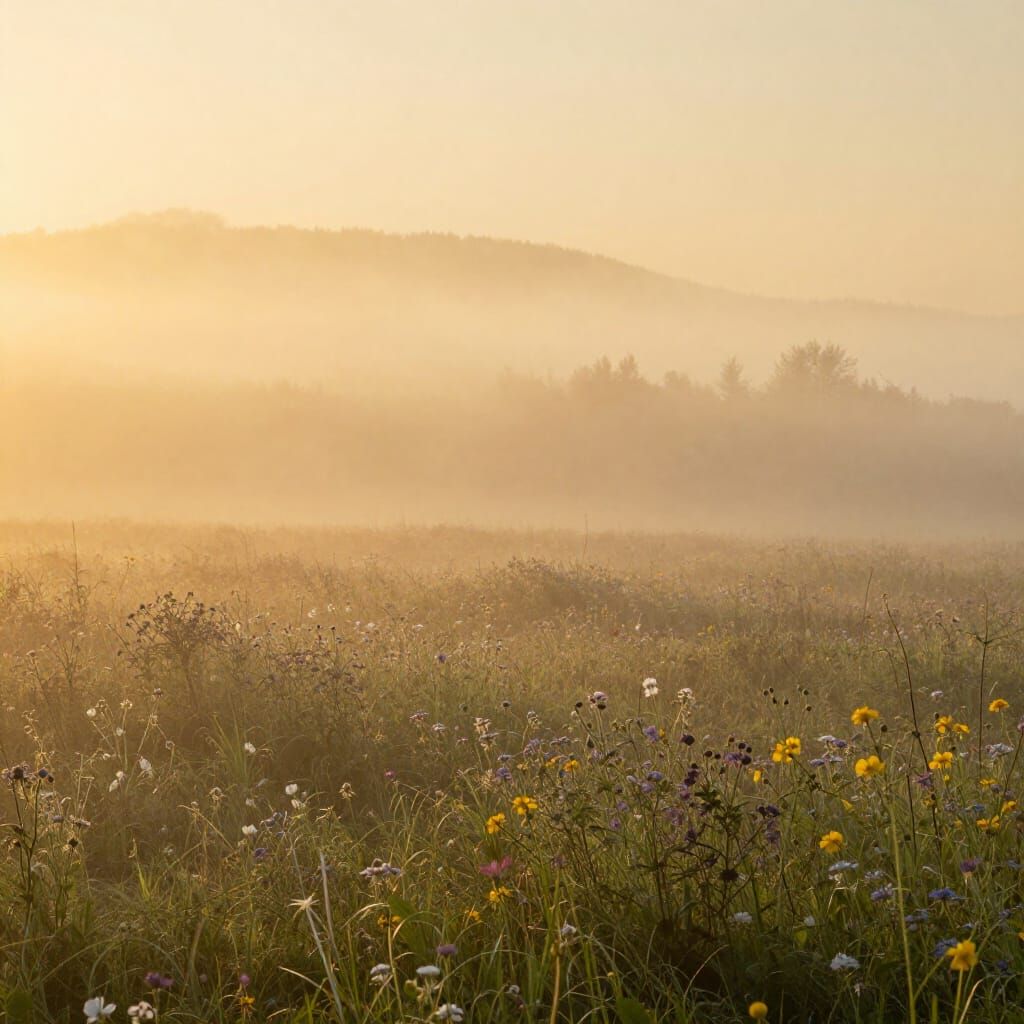 Misty Wildflower Landscape at Golden Hour
