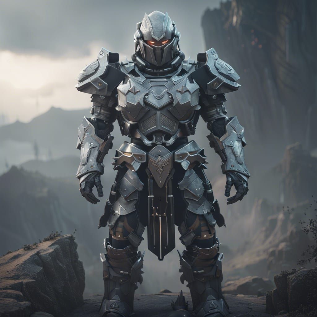 Futuristic Gothic Knight on Battlefield, 3D Render