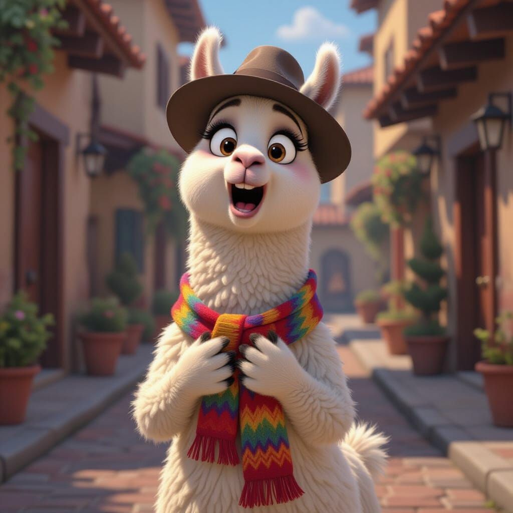 Startled Llama Character in Animated Style