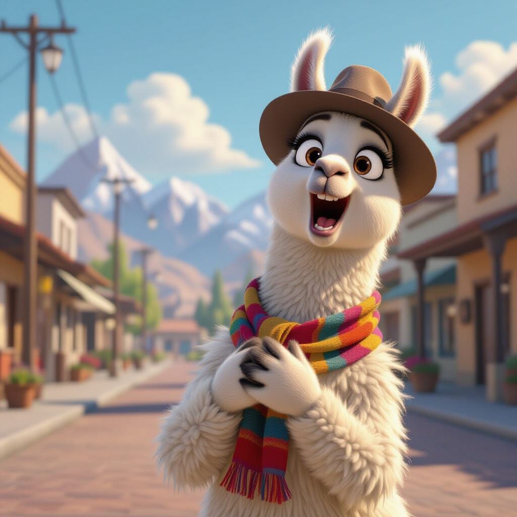 Startled Llama Cartoon Character in Animated Style