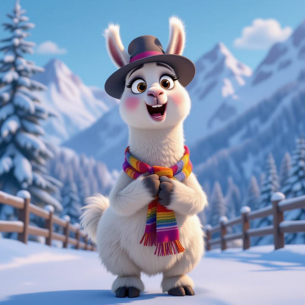 Startled Llama Cartoon Character in Animated Style