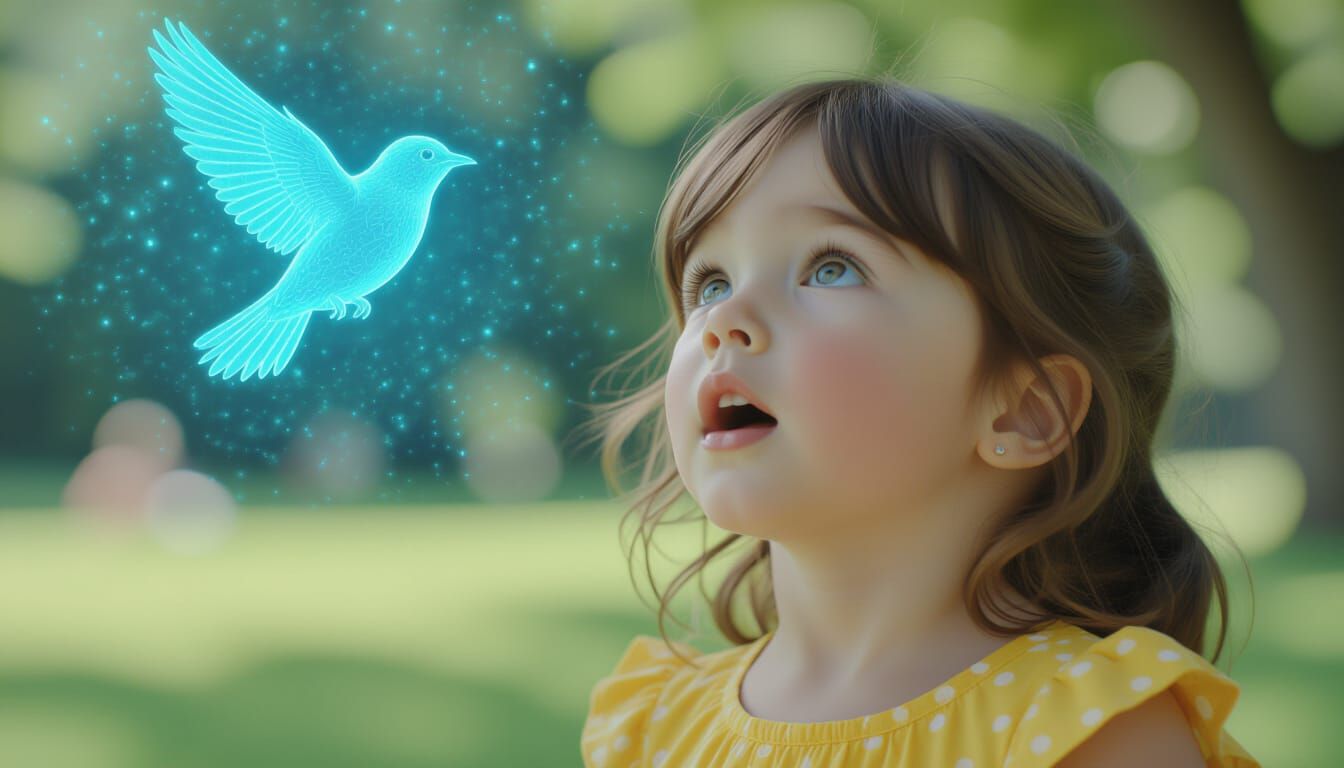 Child's Wonder at Holographic Bird: Cinematic Film Still