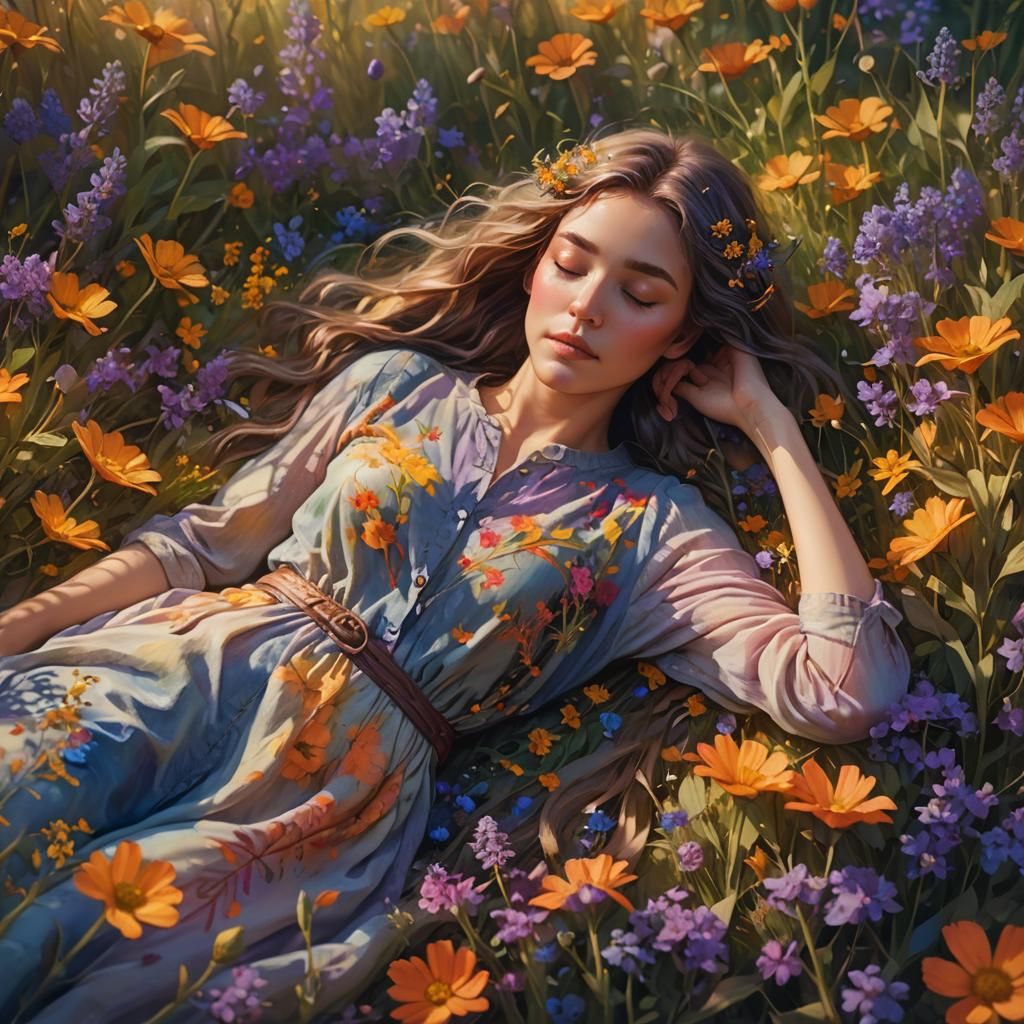 Woman Asleep in Dreamlike Field: Digital Painting