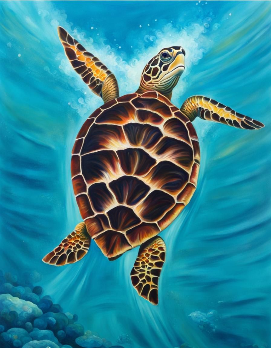 Sea Turtle Swimming Underwater: A Colorful Painting