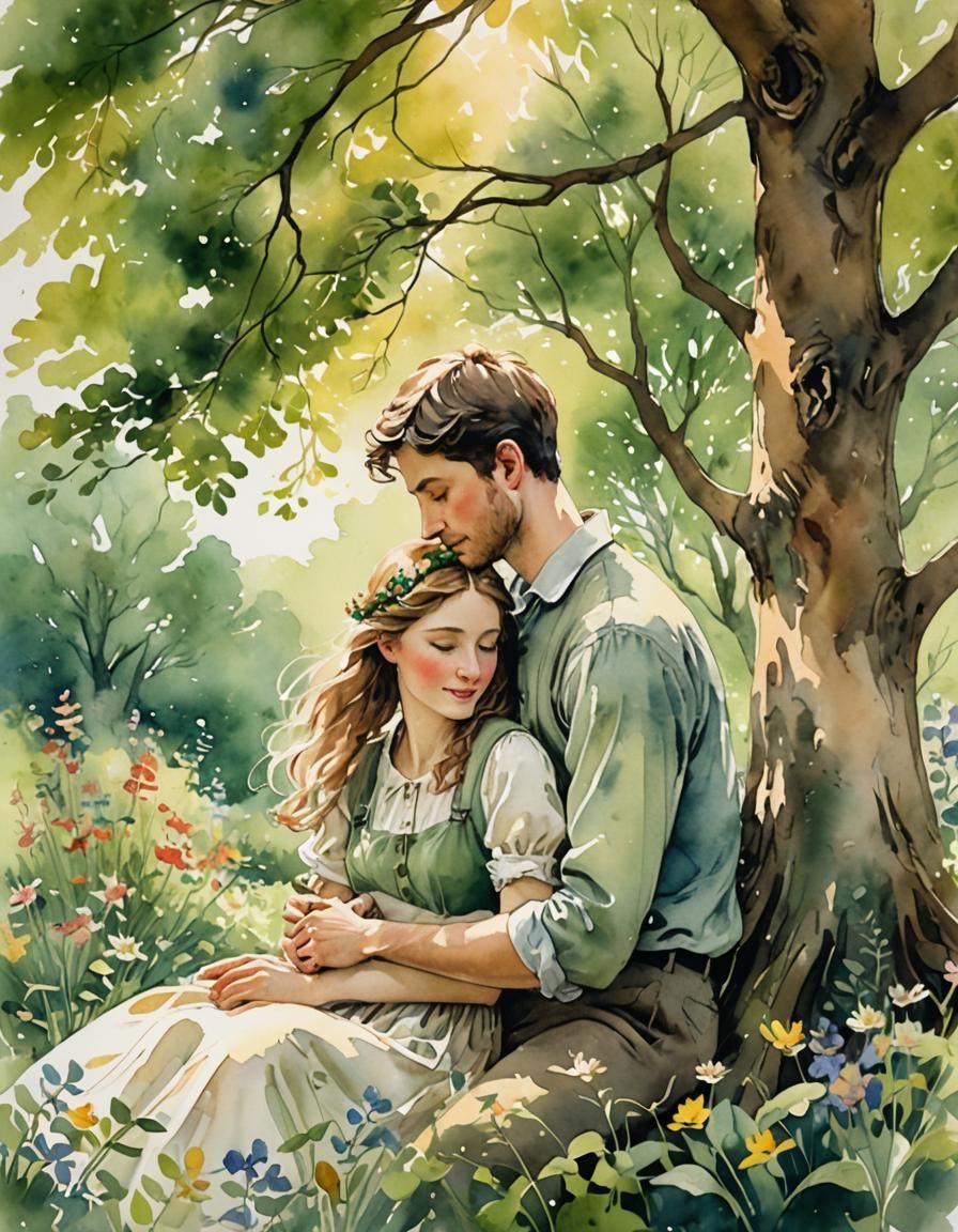 Romantic Couple Embrace Under Tree in Watercolor