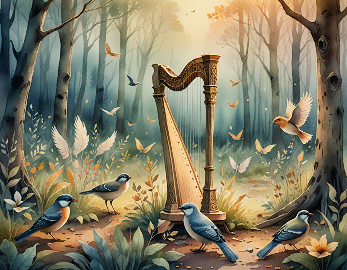Dreamy Watercolor Scene with Birds Playing Harp