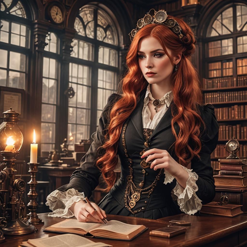 Victorian Library Scene with Red-Haired Girl