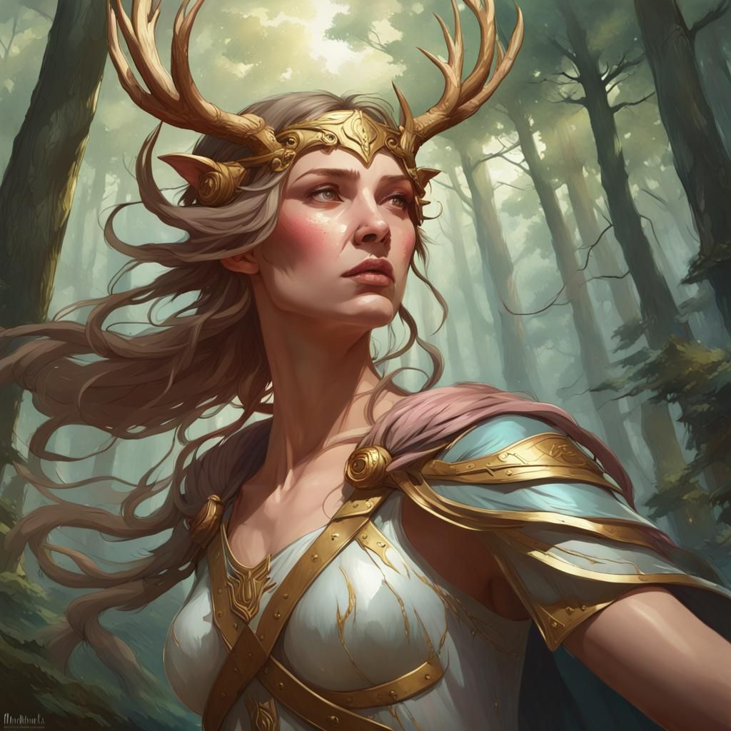 Artemis Battles Knight in Forest, Art Nouveau Style