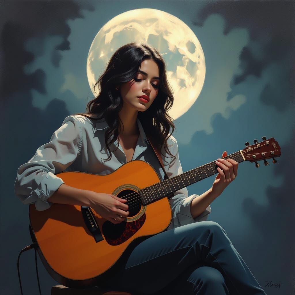 Moonlit Musician Lost in Melancholy Oil Painting