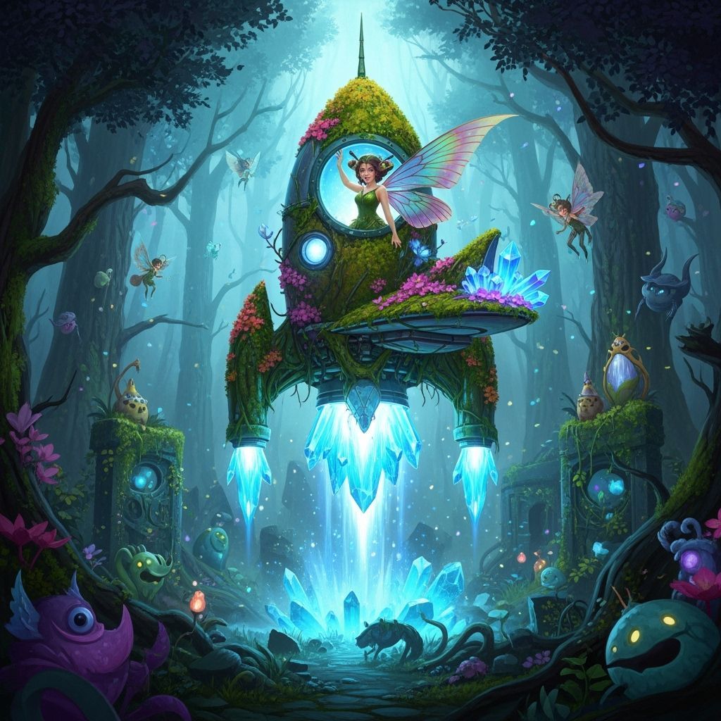 Bioluminescent Rocket Ascends from Enchanted Forest
