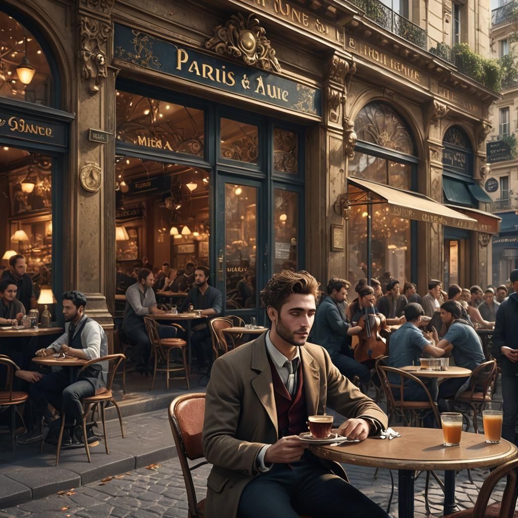 Paris Cafe Scene with Musicians: Fantasy Concept Art