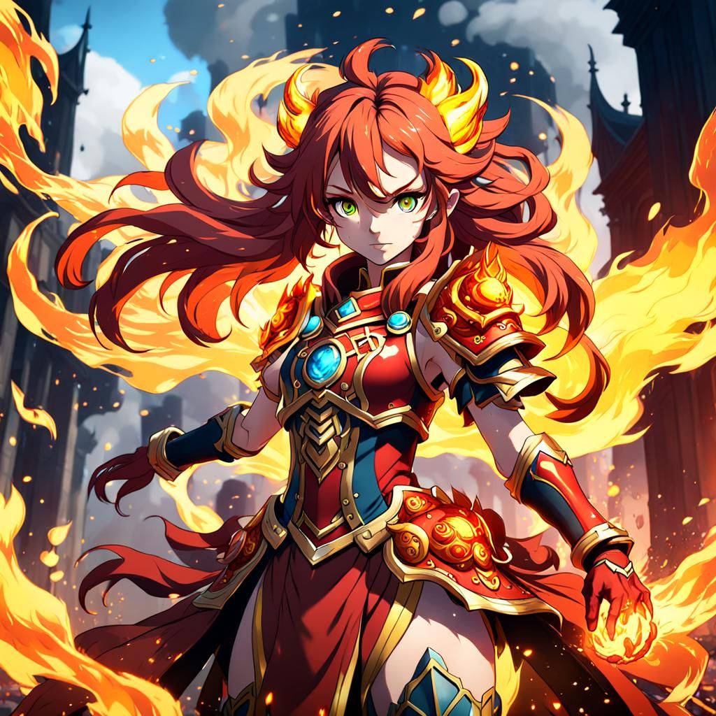 Anime Fire Lion Girl: Detailed Fantasy Art