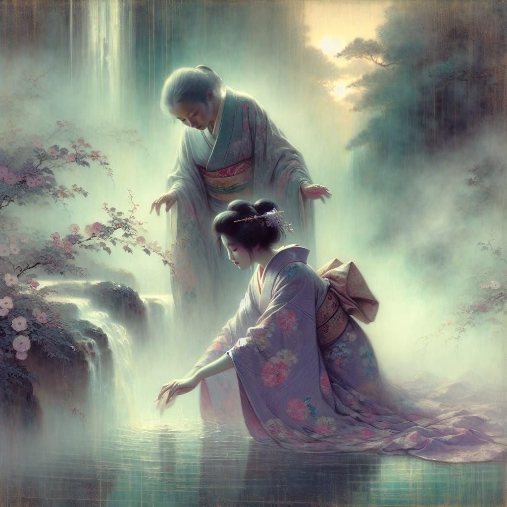 Mother and Daughter Bathing in Ukiyo-e Dreamscape