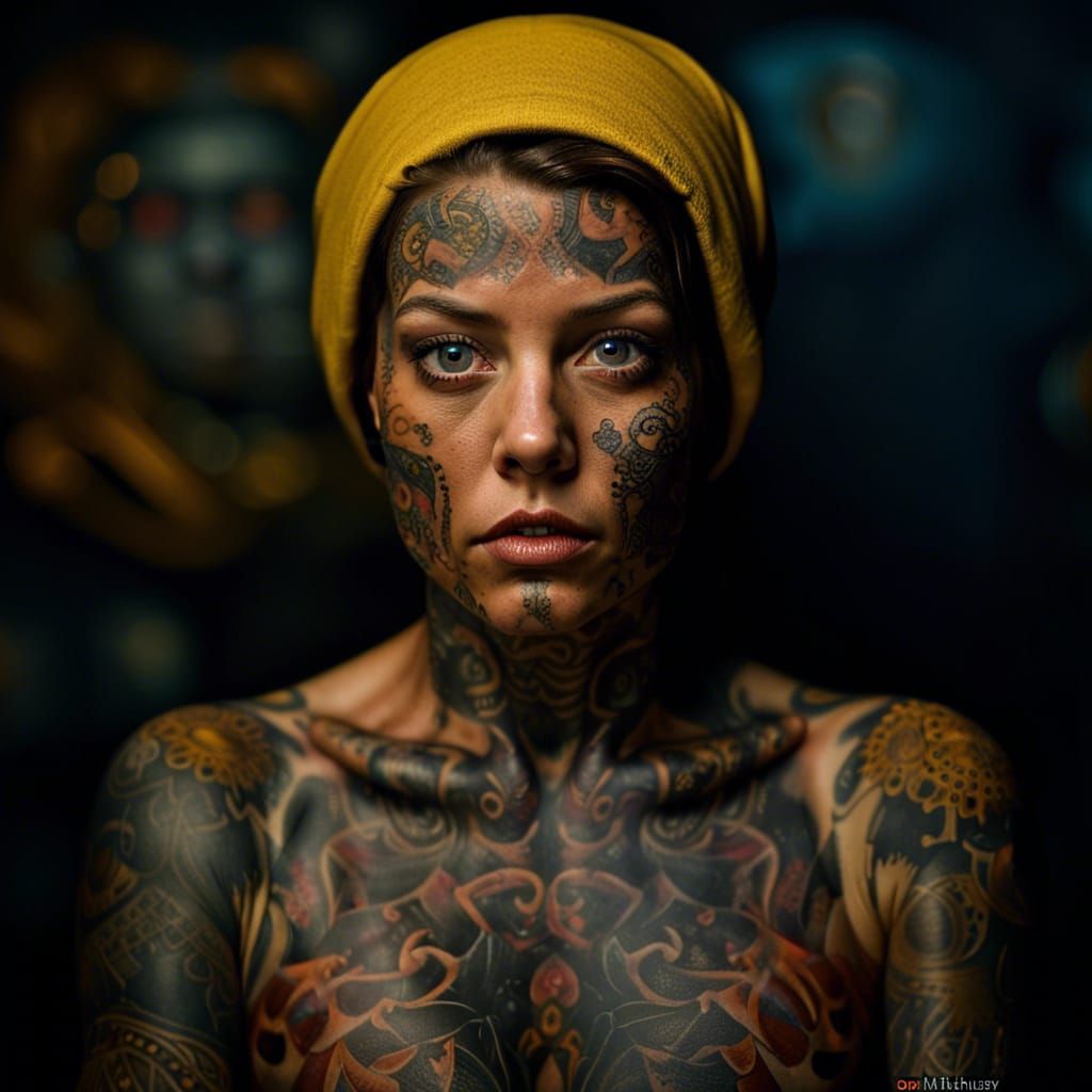 Tattooed Woman Portrait with Furious Yellow Eyes