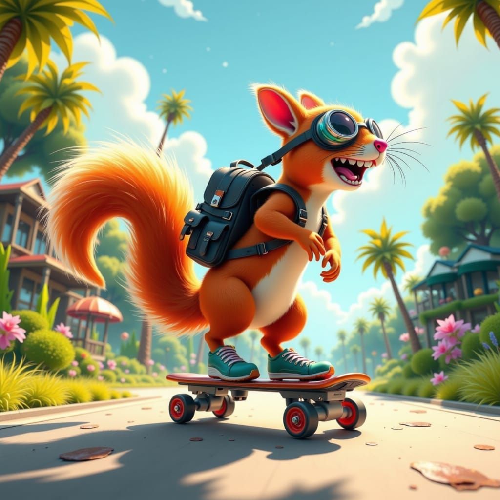 Squirrel's Joyride in a Rollerskate, Whimsical Art