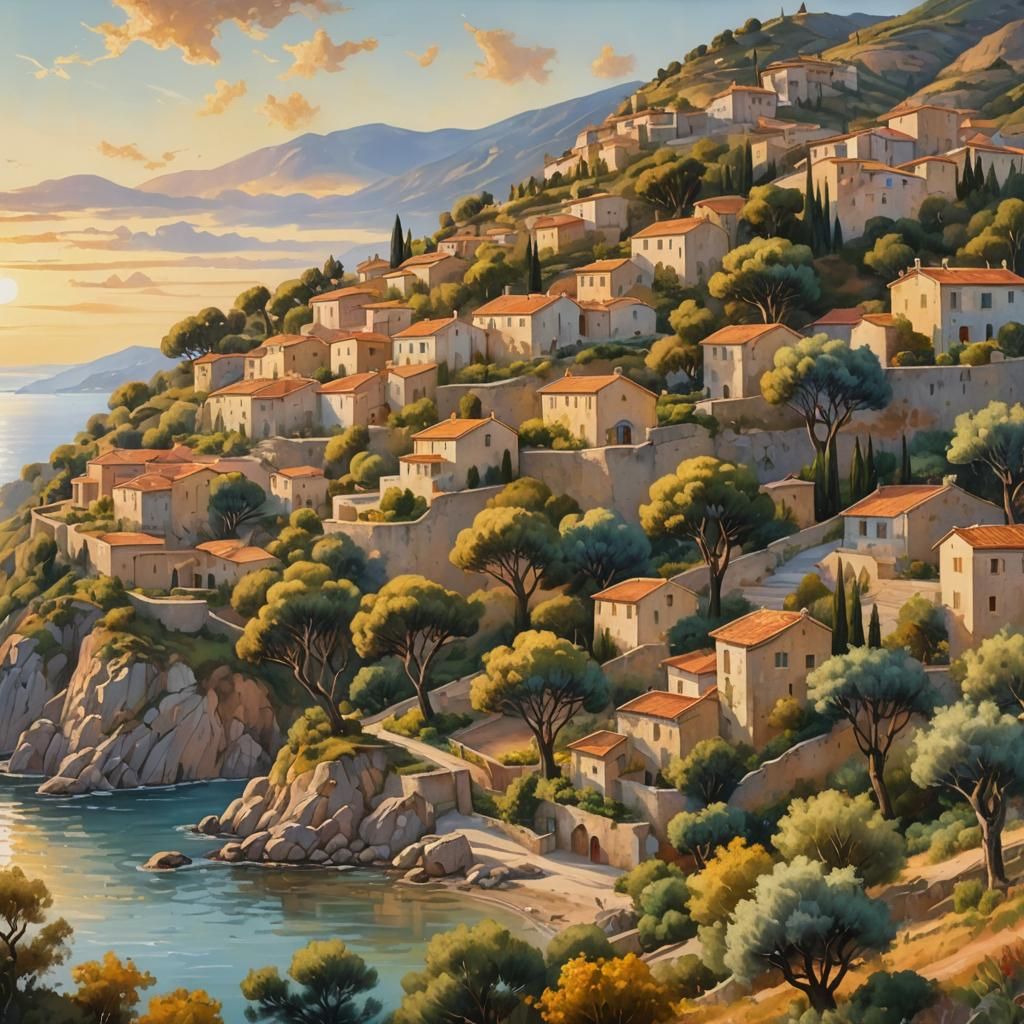 Idyllic Mediterranean Village in Oil Painting Style