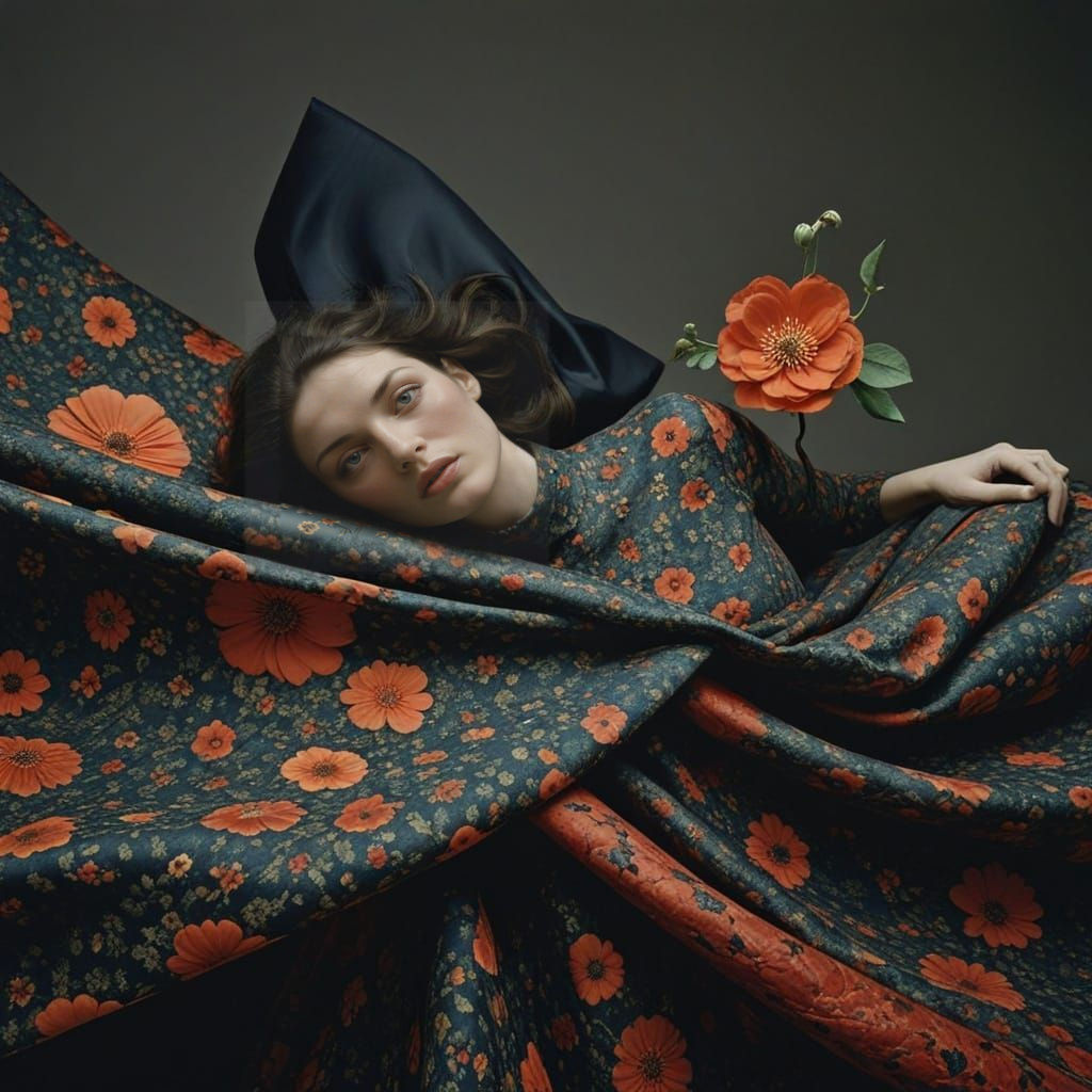 Eccentric Layered Portrait in Bold Patterns and Flowers