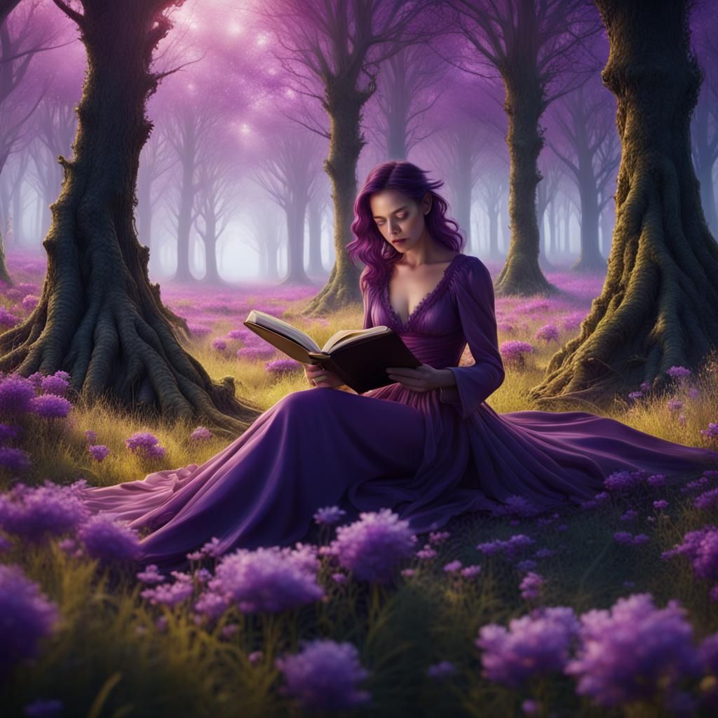 Woman Reading in Forest of Purple Flowers