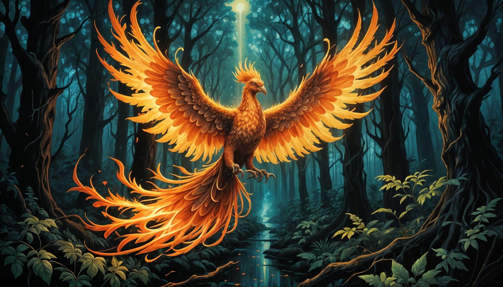 Glowing Phoenix in Dark Forest Oil Painting