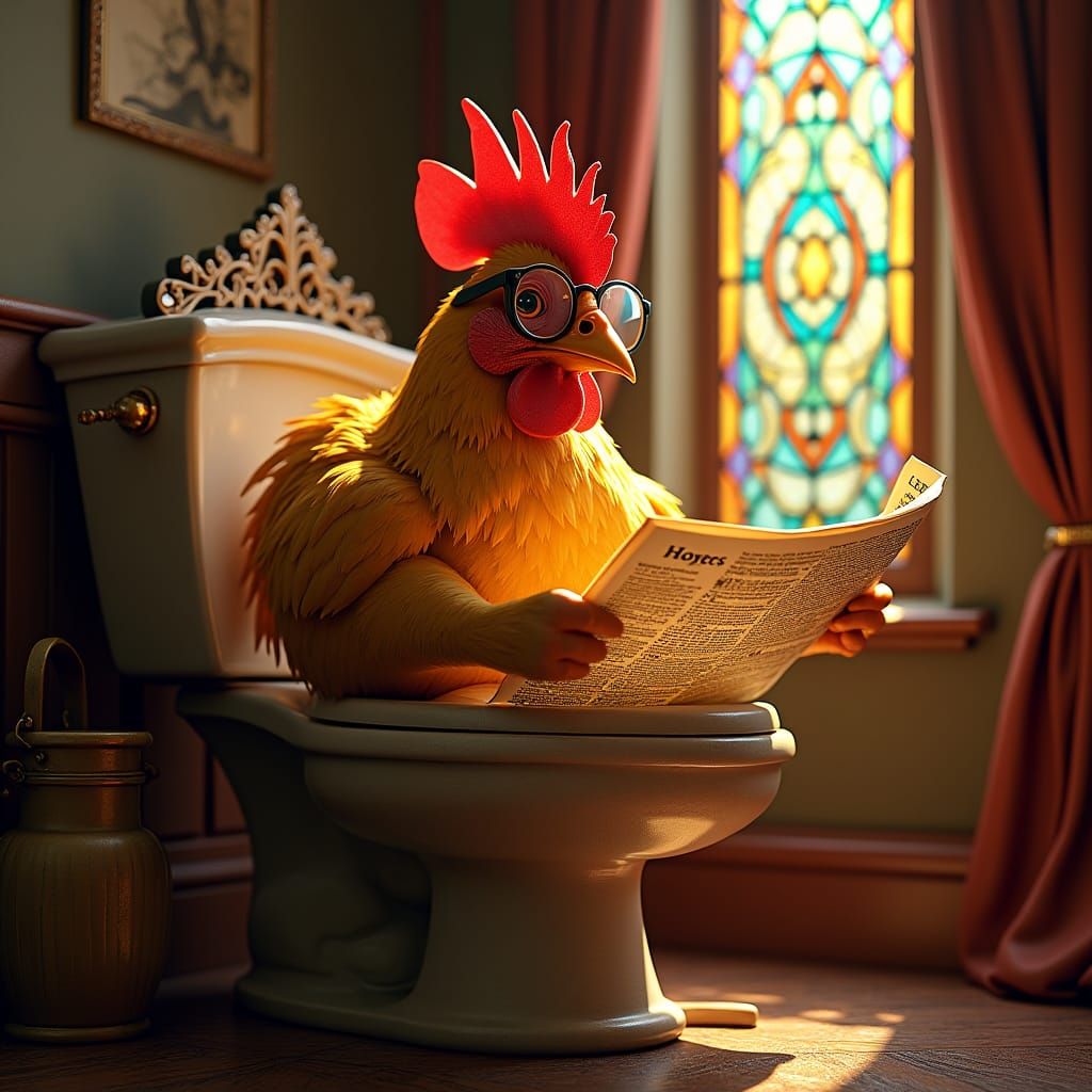 Chicken on Toilet Reading Newspaper in Fantasy Style