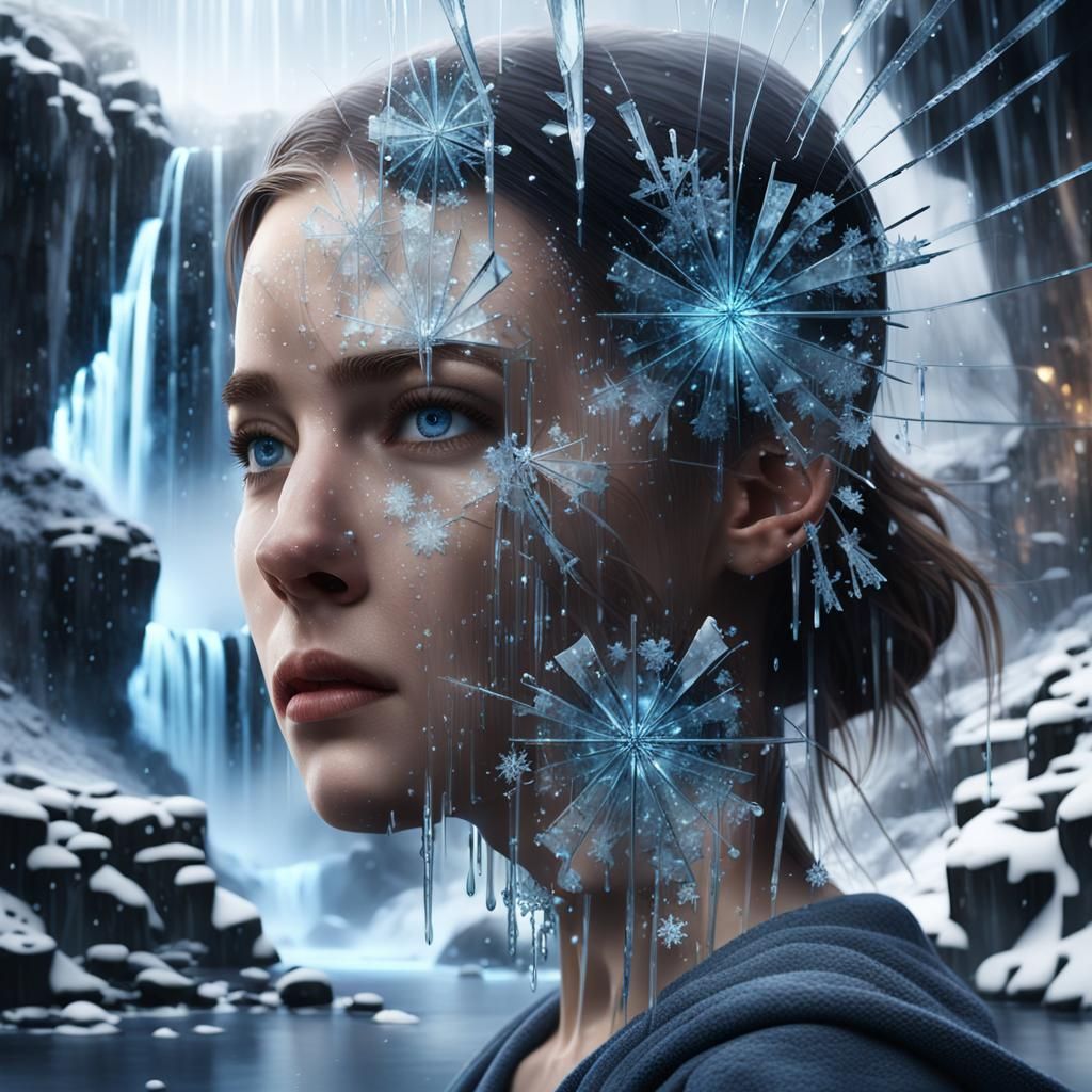 Shattered Glass Face Reflecting Snowy Waterfalls at Night