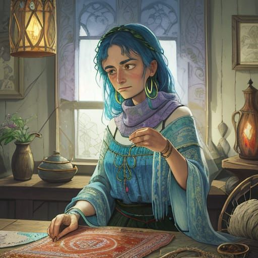 Ethereal Gypsy Seamstress in Whimsical Folk-Art Colors