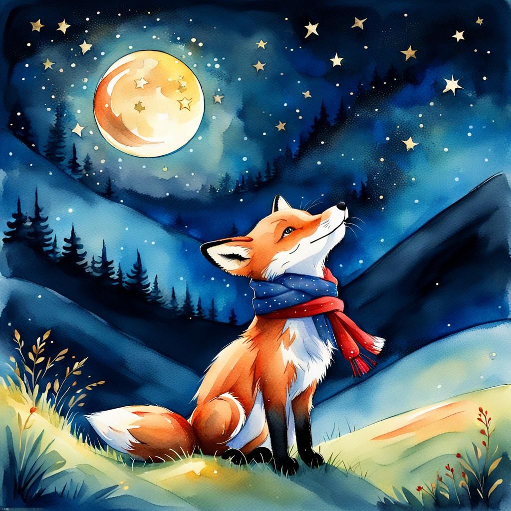 Toy Fox Cub Gazing at Starry Night in Watercolor