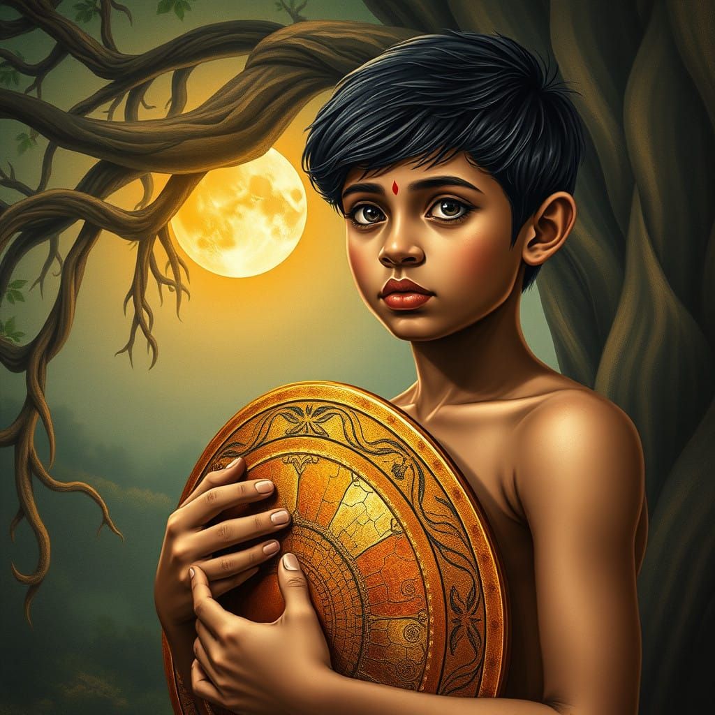 Boy with Shield in Traditional Hindu Art Style