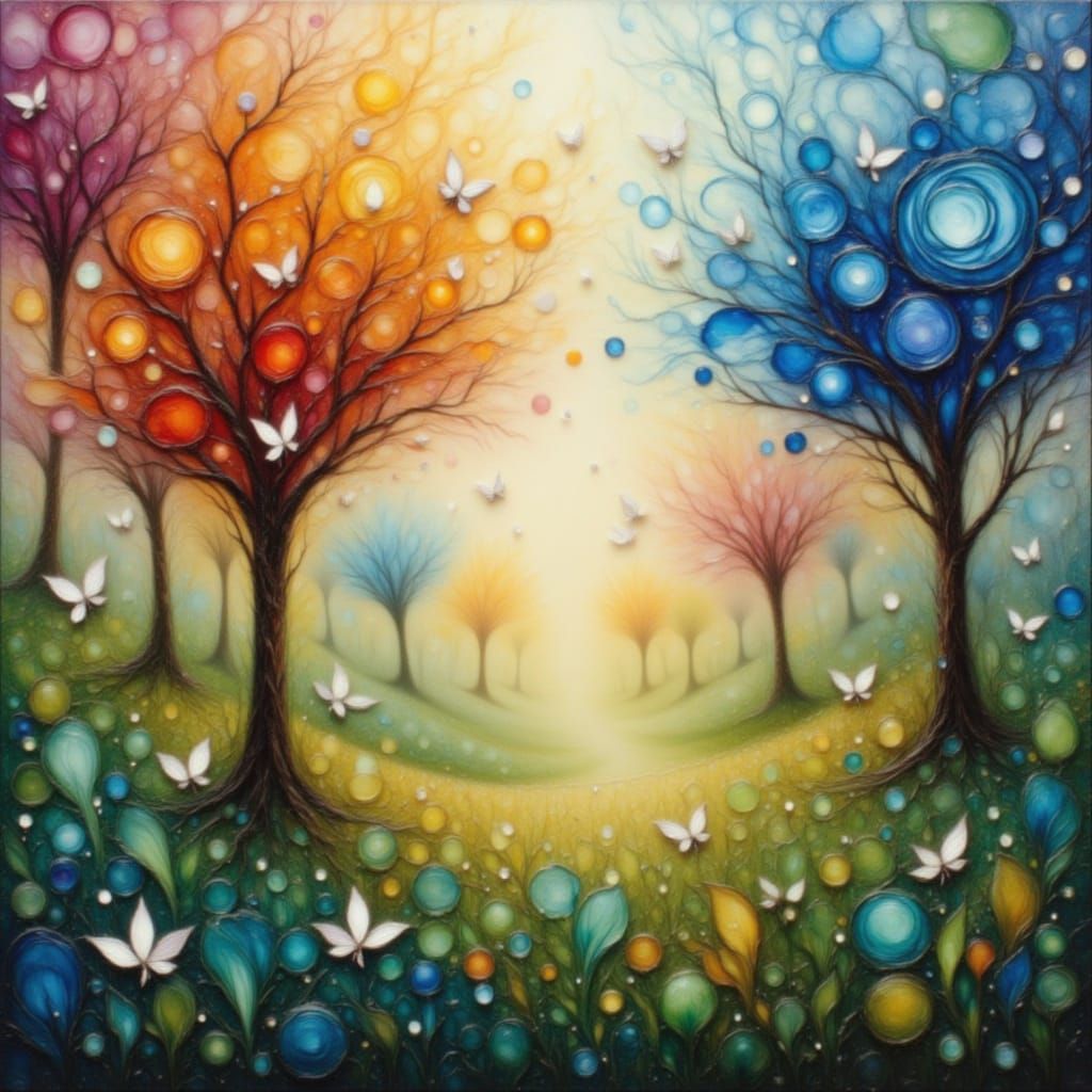 Flowering Trees with Blossoms in Surreal Impressionism