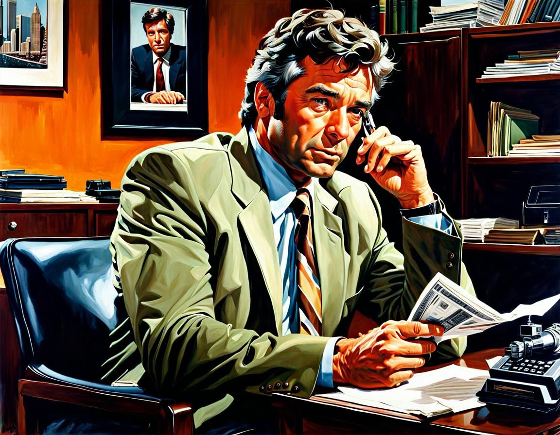 Hyperrealistic Columbo in Office, Digital Painting