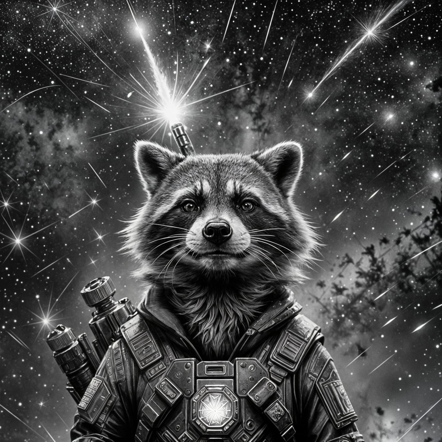 Glowing Magical Rocket Raccoon in Night Sky