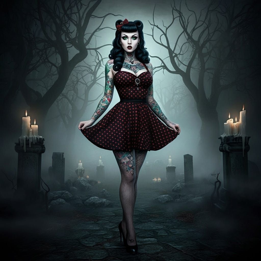 Rockabilly Witch in Dark, Mysterious Occult Landscape