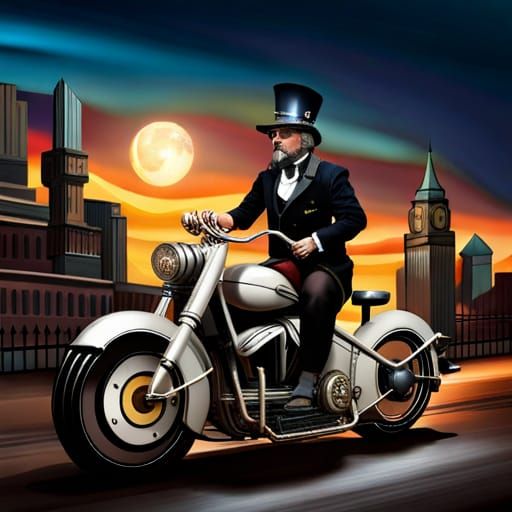 Nostradamus Rides Steampunk Motorcycle at Night