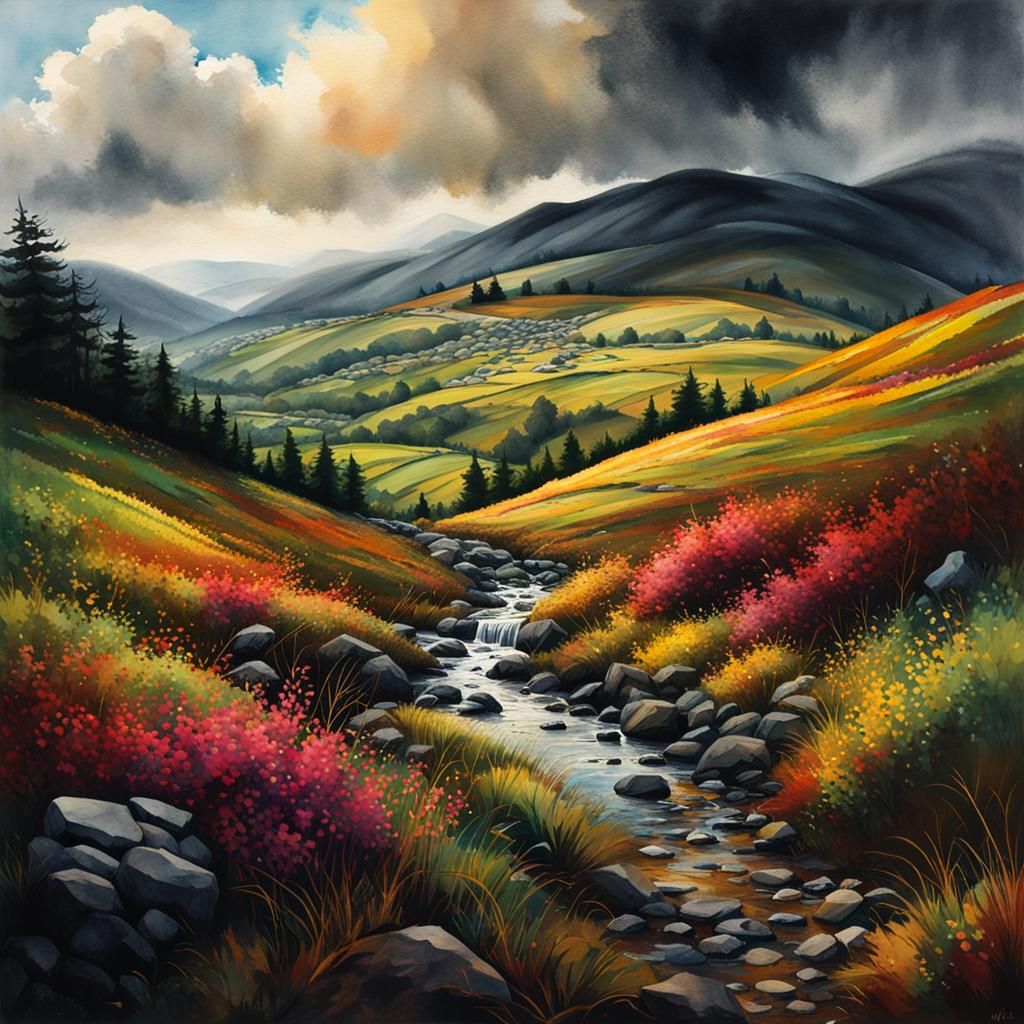 Watercolor Hilly Landscape with Moody Sky