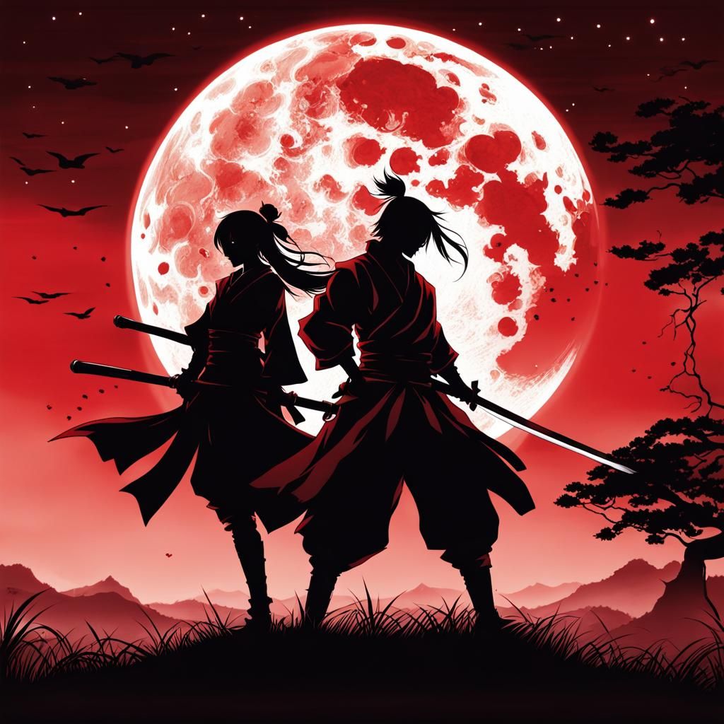 Samurai Silhouettes Duel Under Blood Moon in Anime Style