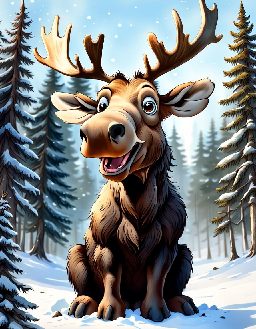 Cute Moose Cub Watching Eagle, Surreal Winter Scene