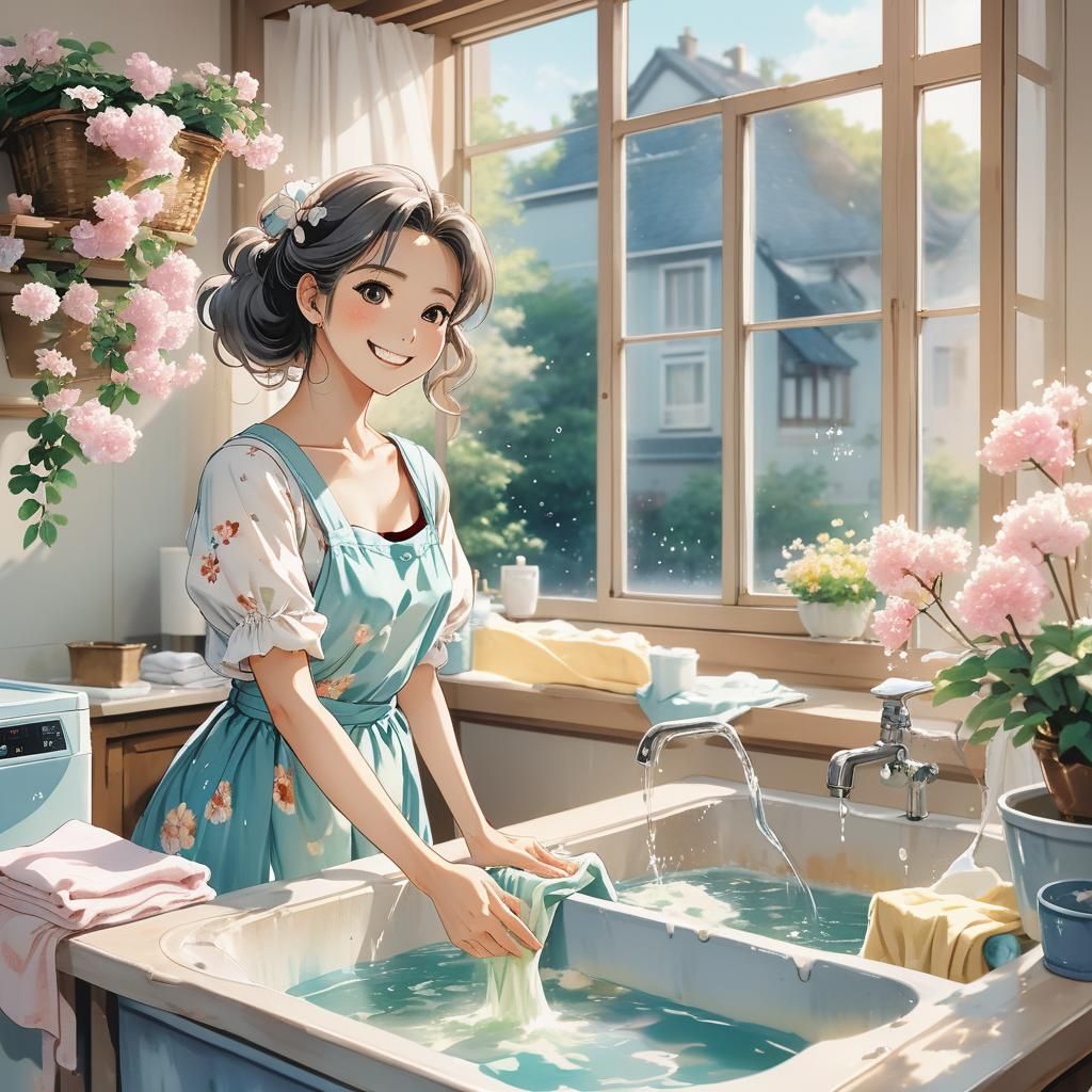 Retro Anime Tradwife Doing Laundry by Hand