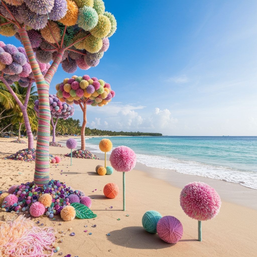 Tropical Beach Scene with Pastel Pompom Decorations