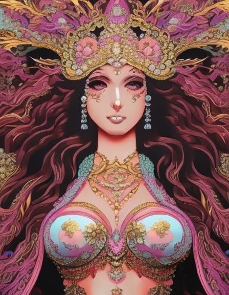 Voluptuous Anime Woman in Maximalist Style