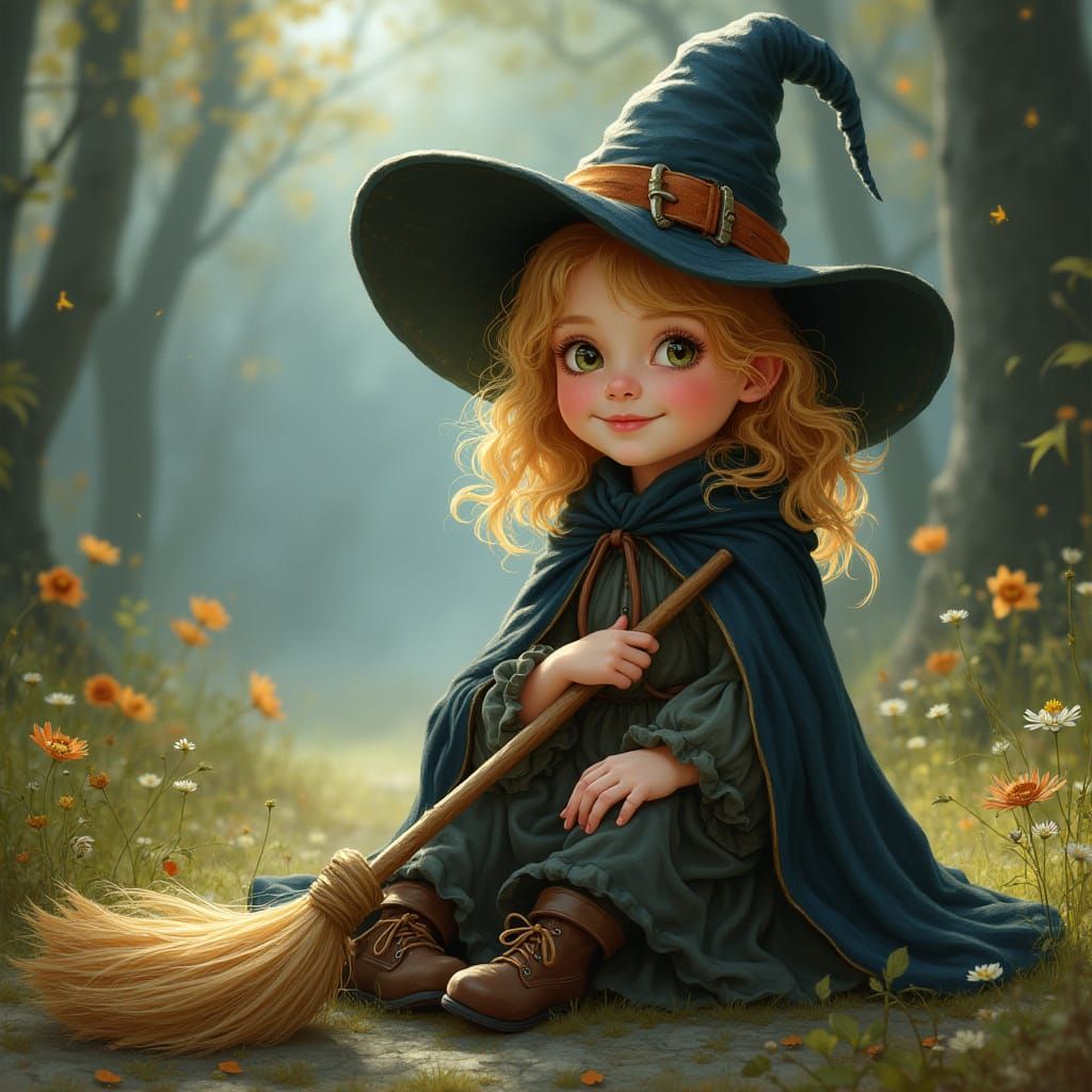 Mischievous Young Witch with Broom in Storybook Style