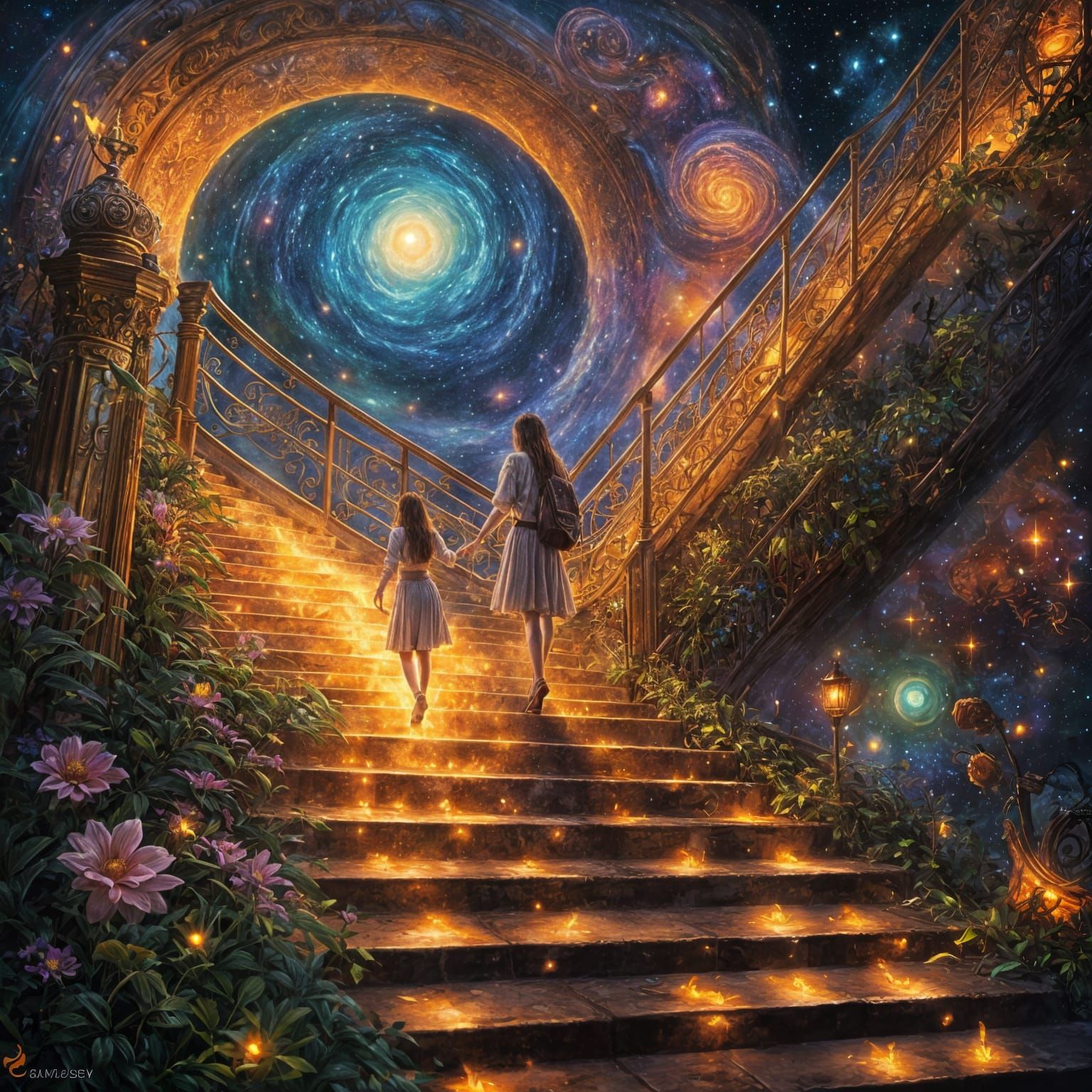 Woman Reaching Incandescent Light at End of Stairs