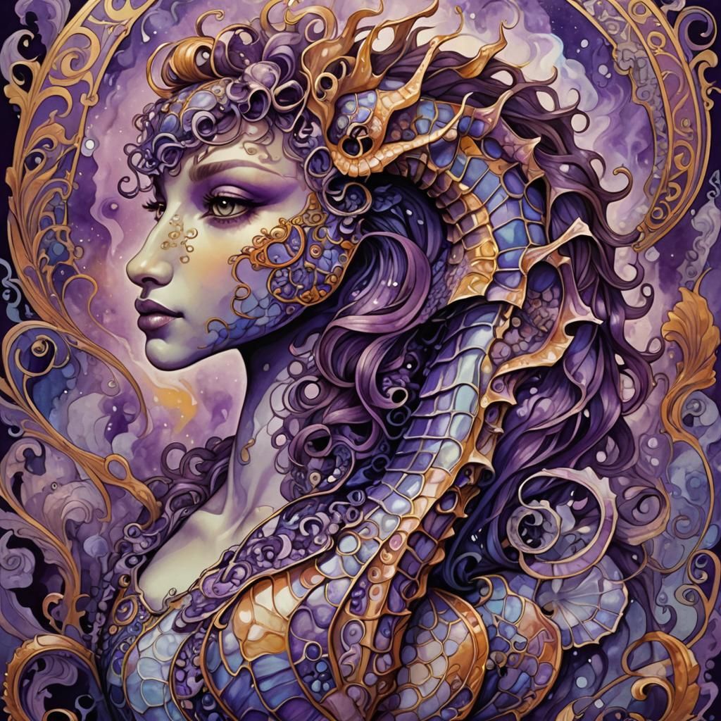 Seahorse in Purple Smoke: Art Nouveau Fantasy Portrait