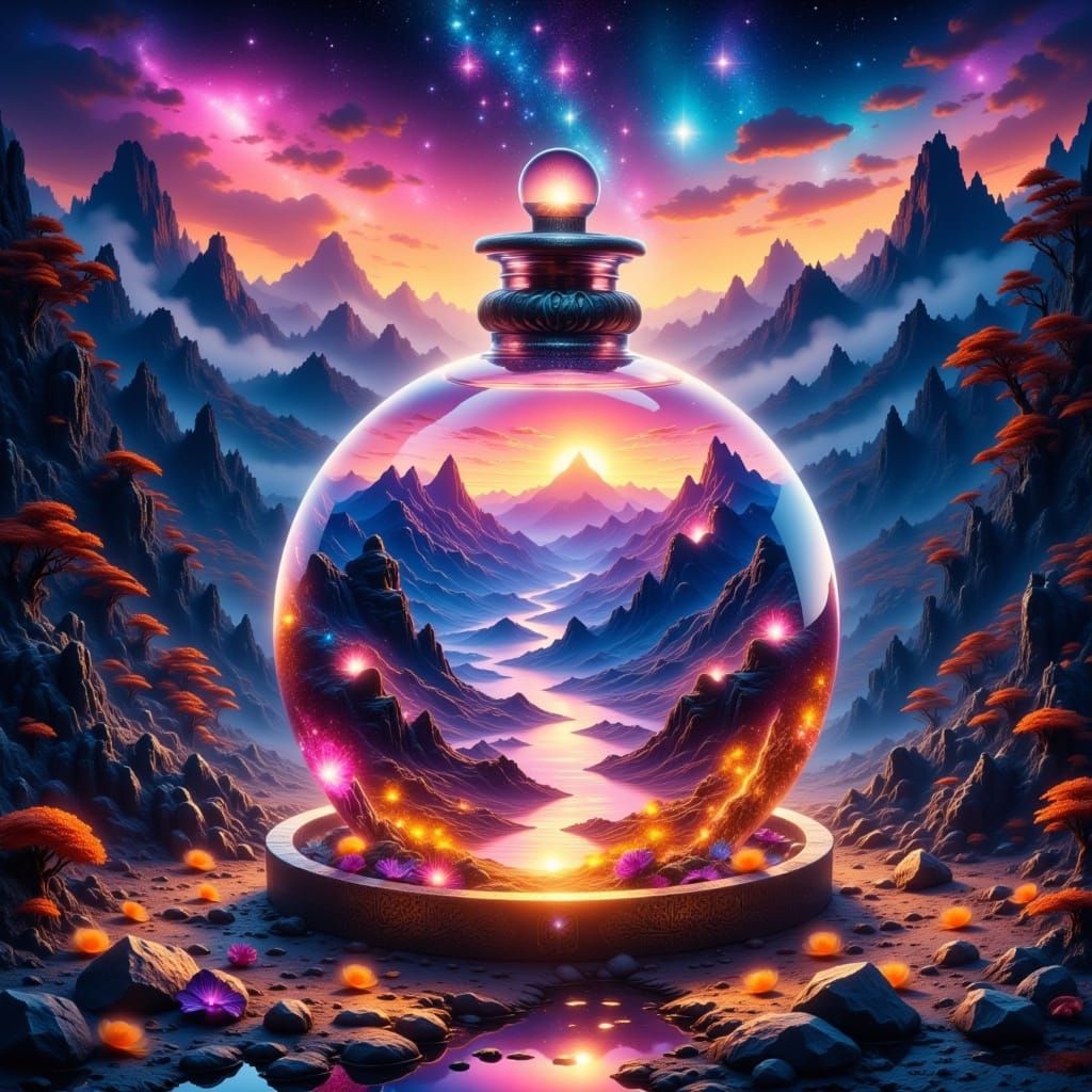 Surreal Potion Bottle Landscape in Glass