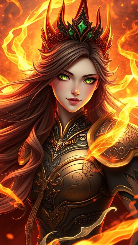 Fiery Queen Surrounded by Dark Magic, in Anime Style