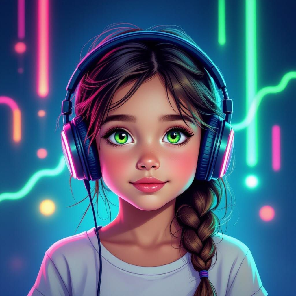 Vibrant Neon Girl with Headphones in Digital Art Style