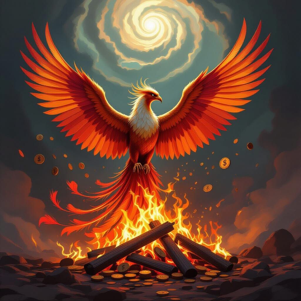 Majestic Phoenix Rises from Burning Banknotes