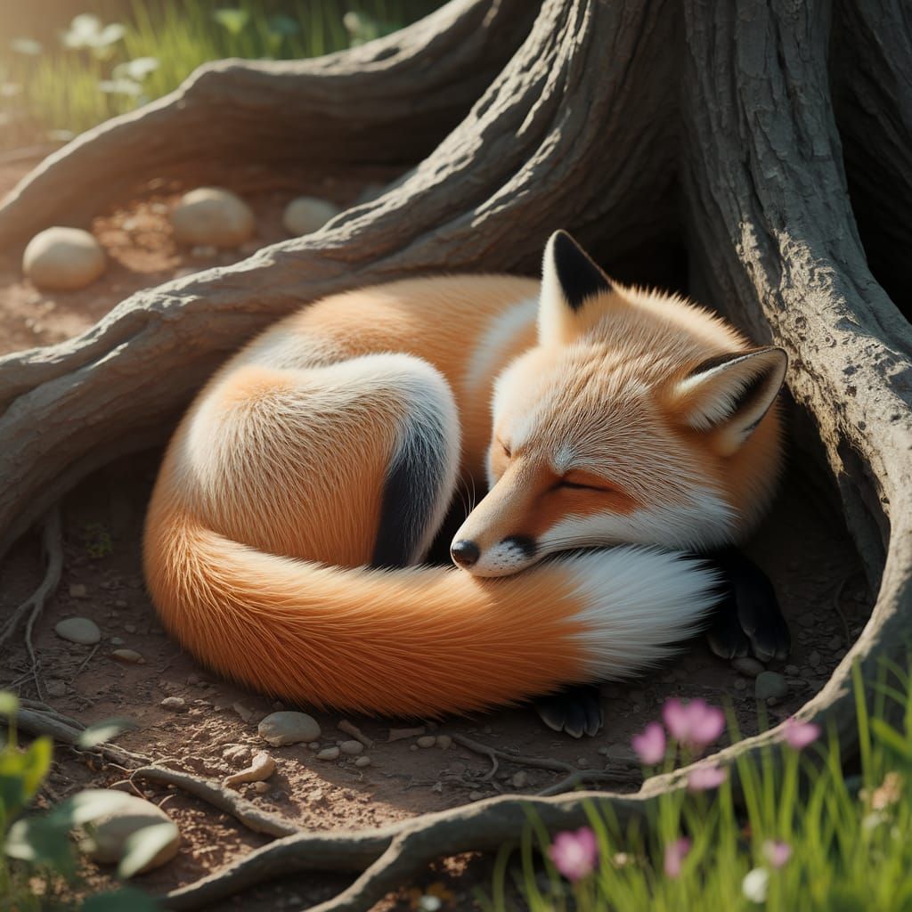 Sleeping Golden Fox in Forest Sunlight