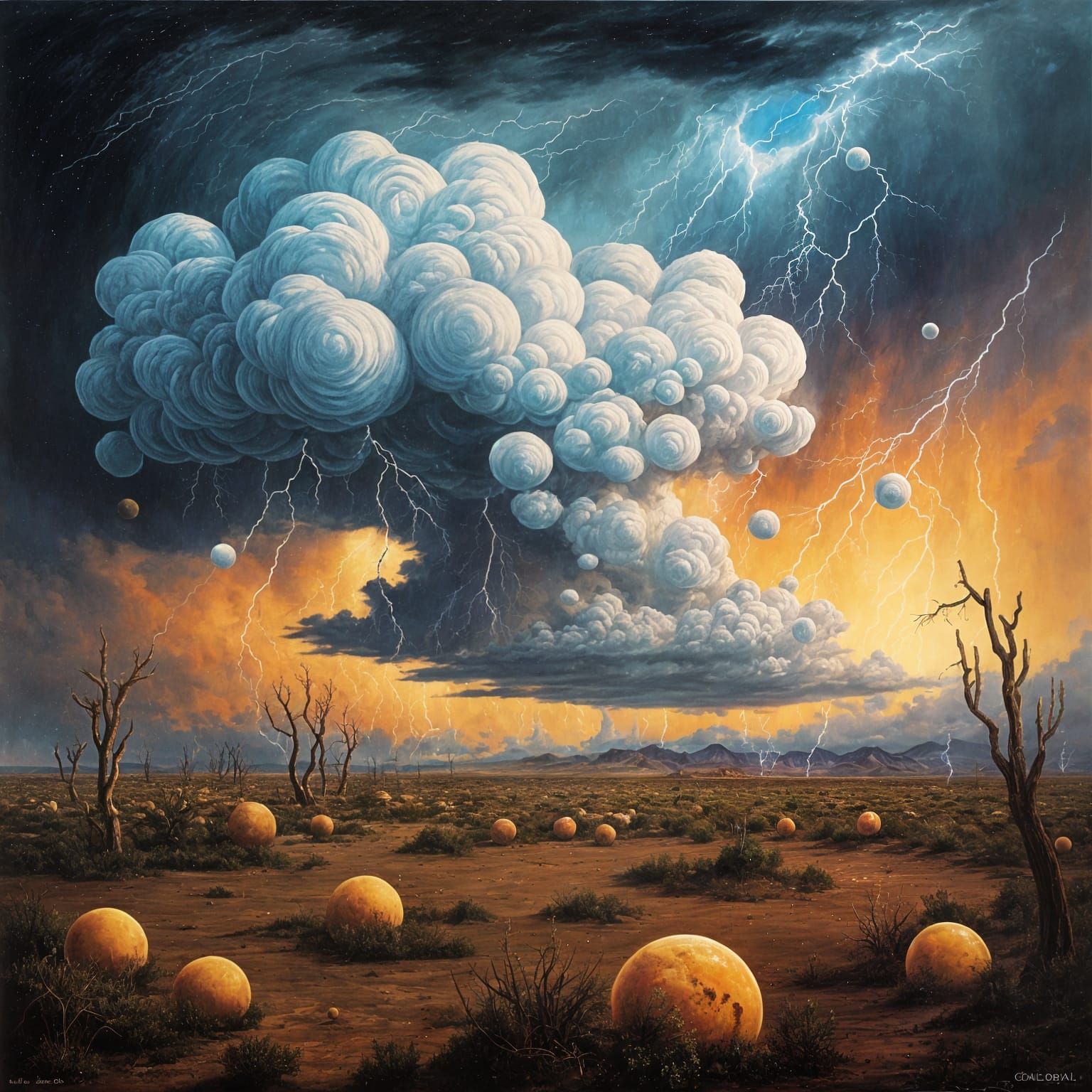 Surreal Desert Storm with Floating Spheres, Oil Painting